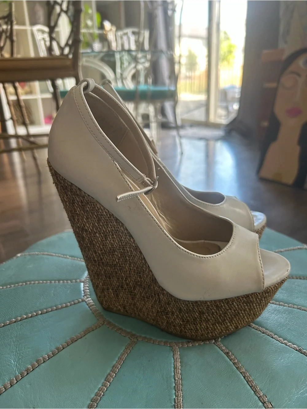 JustFab White Espadrille Wedge Peep-Toe with Ankle Strap